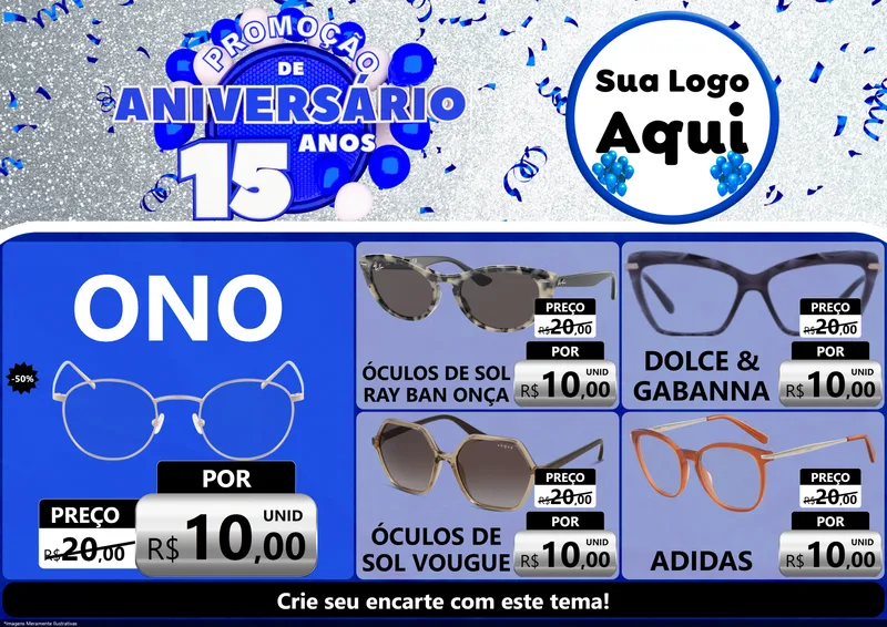 Modelo de Encarte para Encarte A4 Horizontal com o tema Promoção de Aniversário - 15 Anos para Óticas