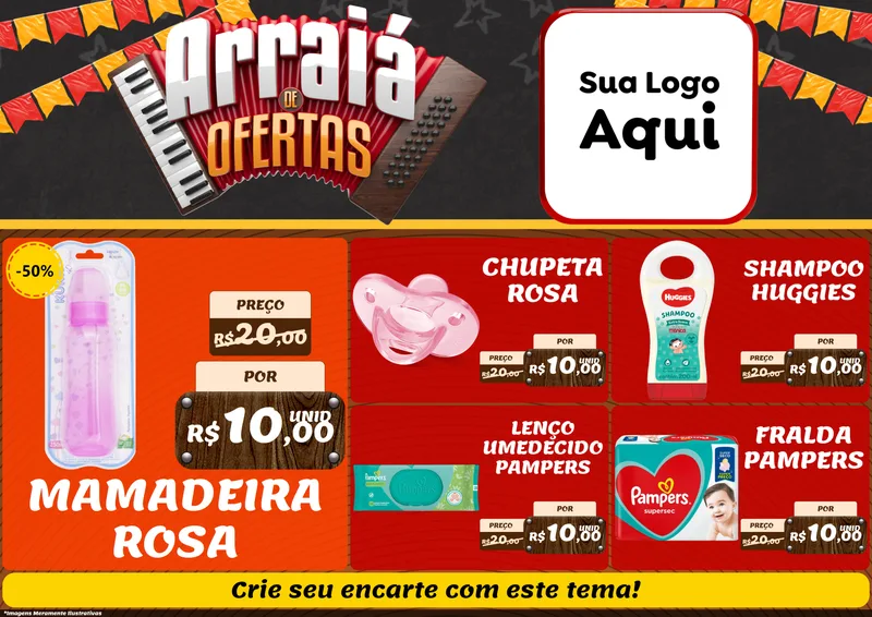 Modelo de Encarte para Encarte A4 Horizontal com o tema Arraiá de Ofertas - Junina para Bebês