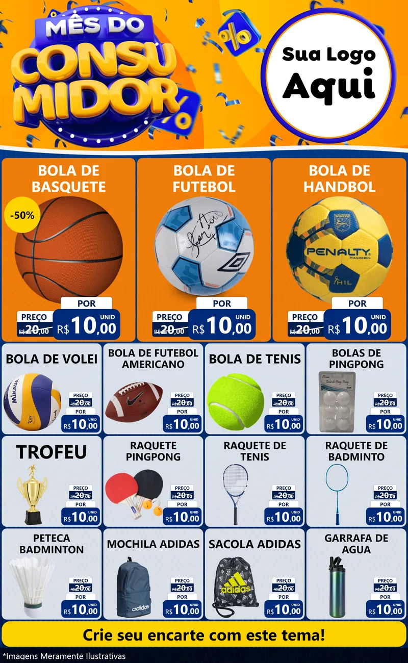 Modelo de Encarte para Encarte Grande com o tema Mês do Consumidor para Artigos Esportivos