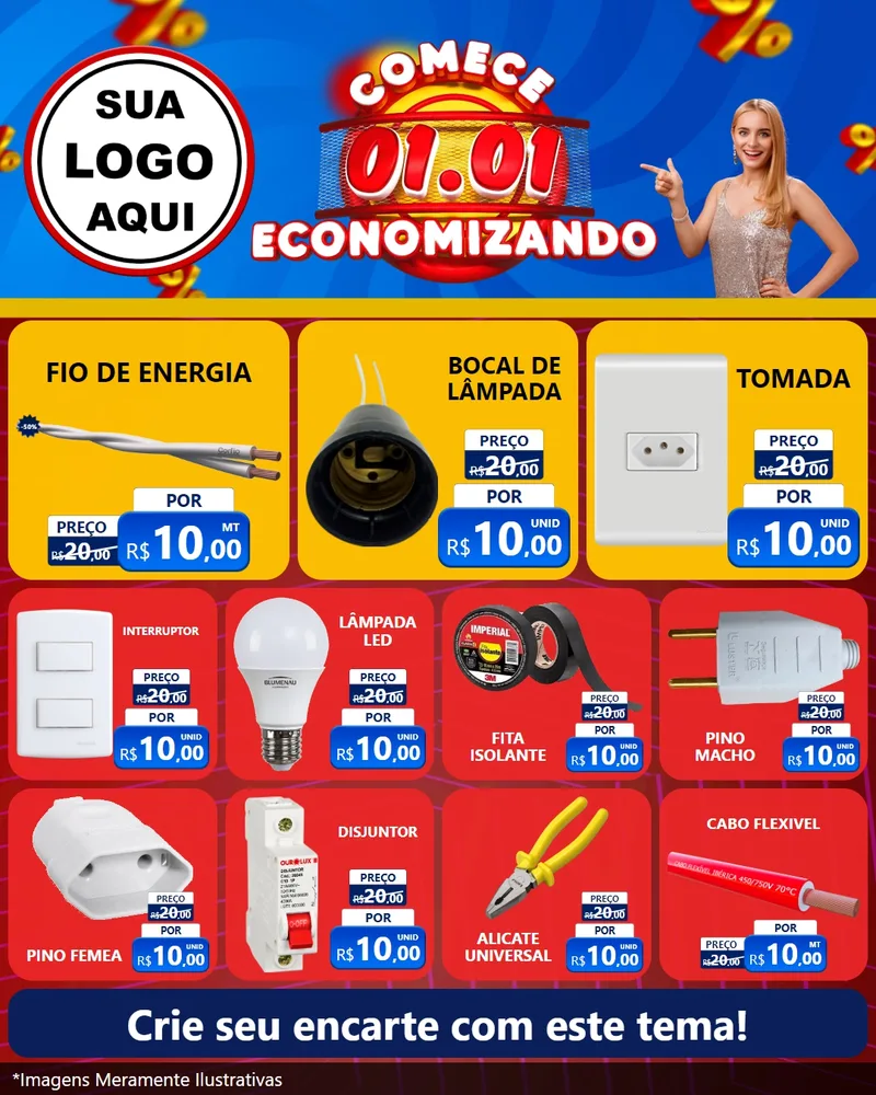Modelo de Rede Social para Feed Instagram com o tema Comece 1º de Janeiro Economizando para Materiais Elétricos