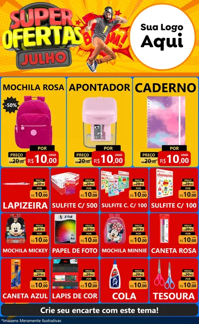 Modelo de Encarte para Encarte Grande com o tema Super Ofertas Julho para Papelaria