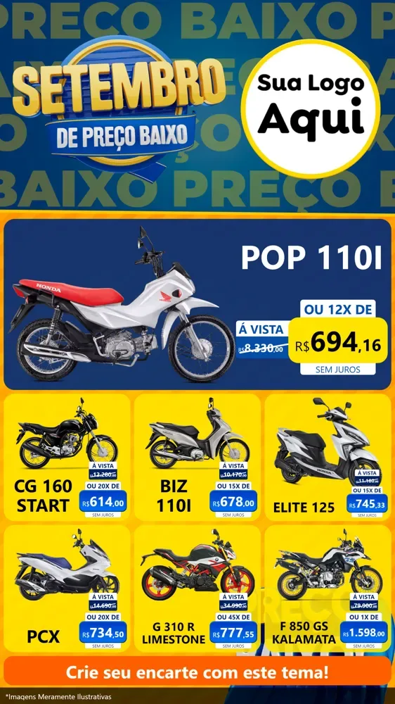 Modelo de Rede Social para Stories com o tema Setembro De Preço Baixo para Concessionaria de Motos