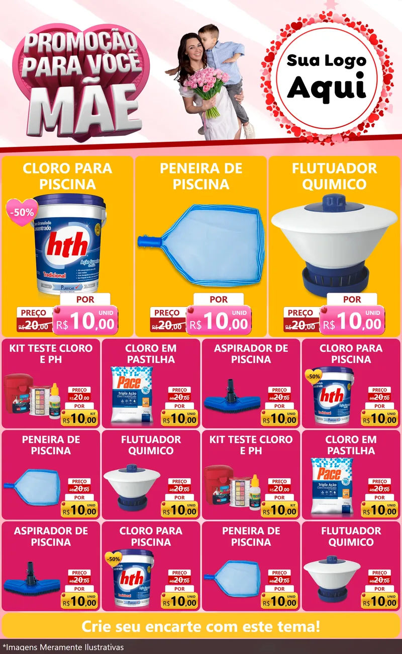 Modelo de Encarte para Encarte Grande com o tema Promoção Para Você Mãe para Produtos para Piscina