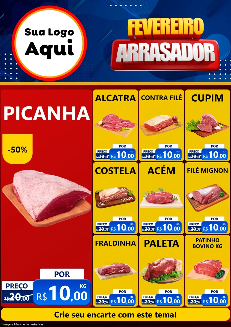 Modelo de Encarte para Encarte A4 Vertical com o tema Fevereiro Arrasador para Açougue