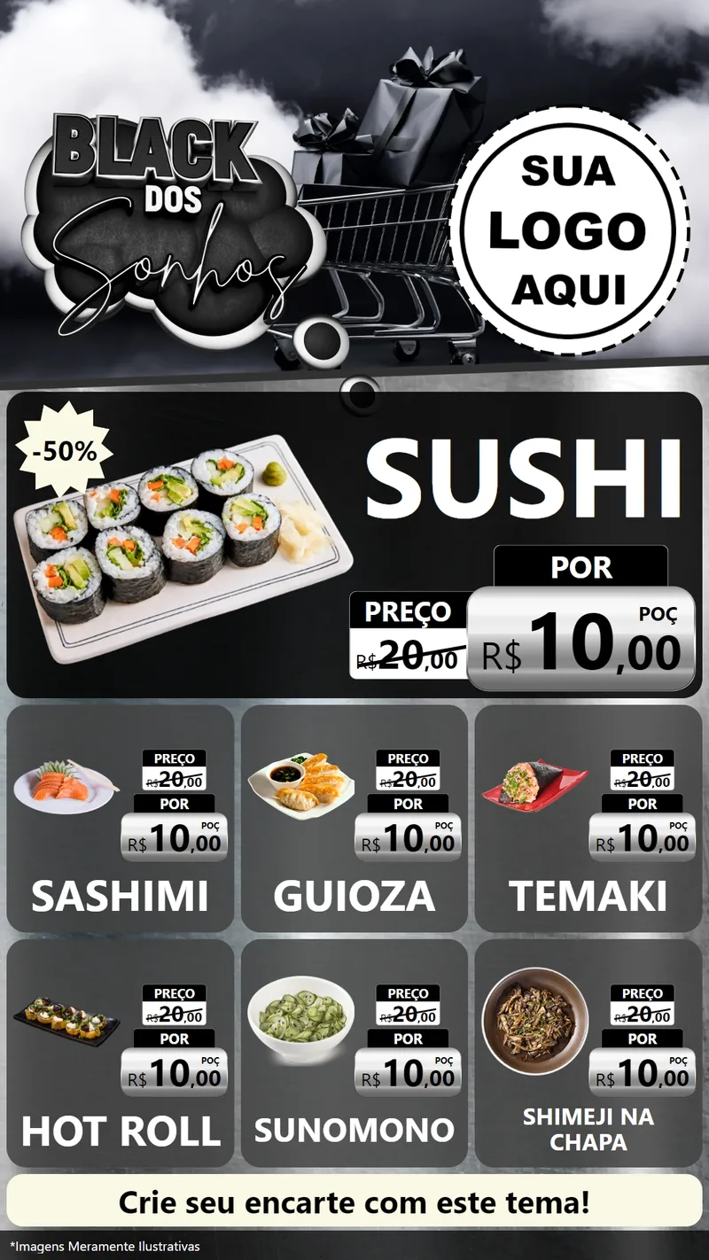 Modelo de Rede Social para Stories com o tema Black dos Sonhos para Comida japonesa