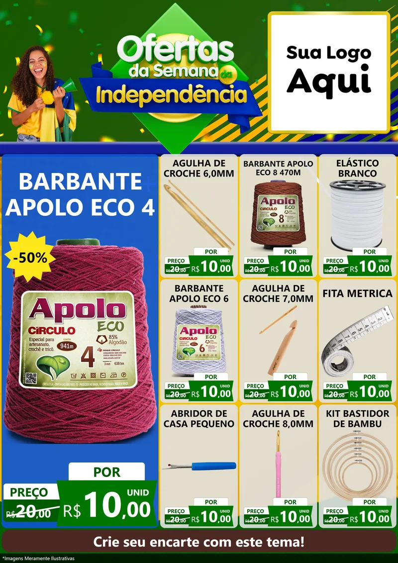 Modelo de Encarte para Encarte A4 Vertical com o tema Ofertas da Semana da Independência para Armarinho e Aviamentos