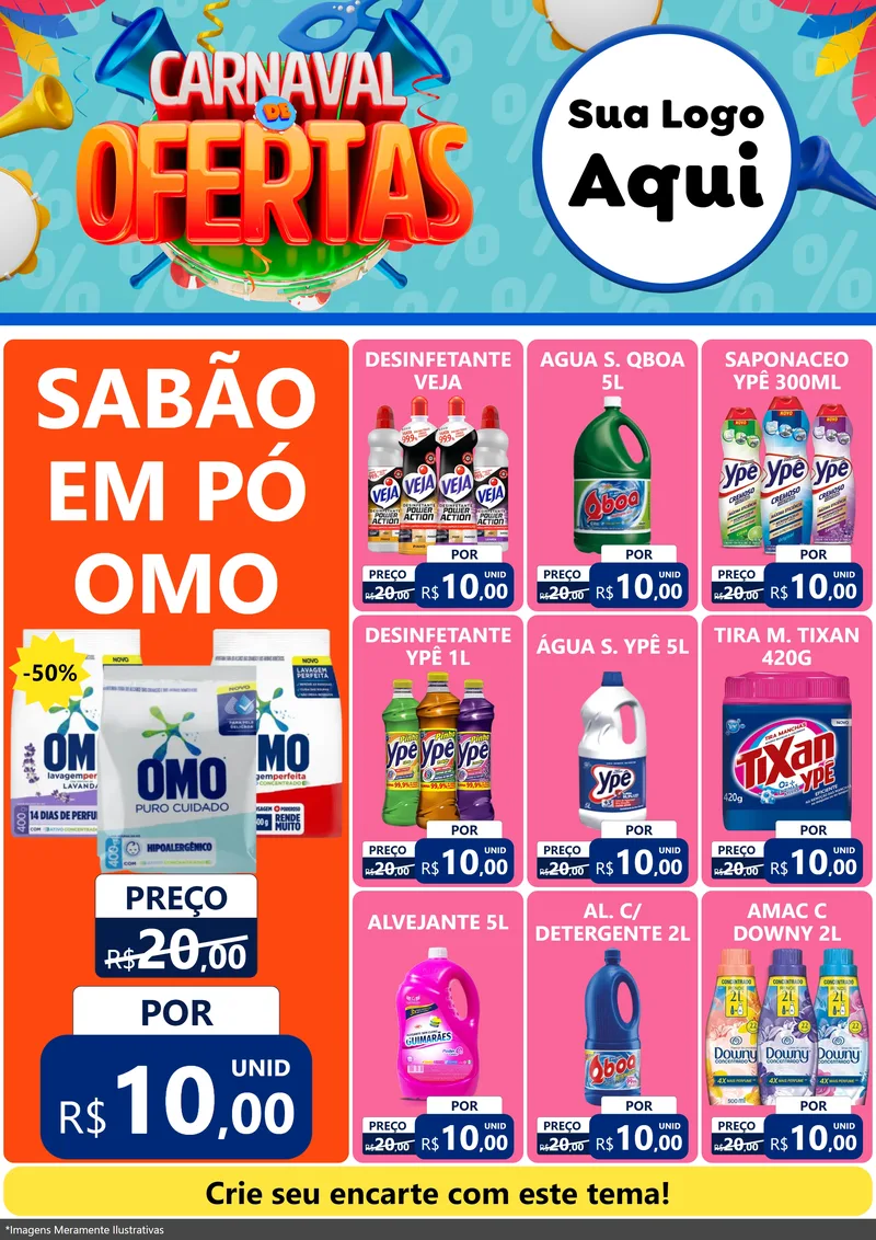 Modelo de Encarte para Encarte A4 Vertical com o tema Carnaval de Ofertas para Produtos de Limpeza