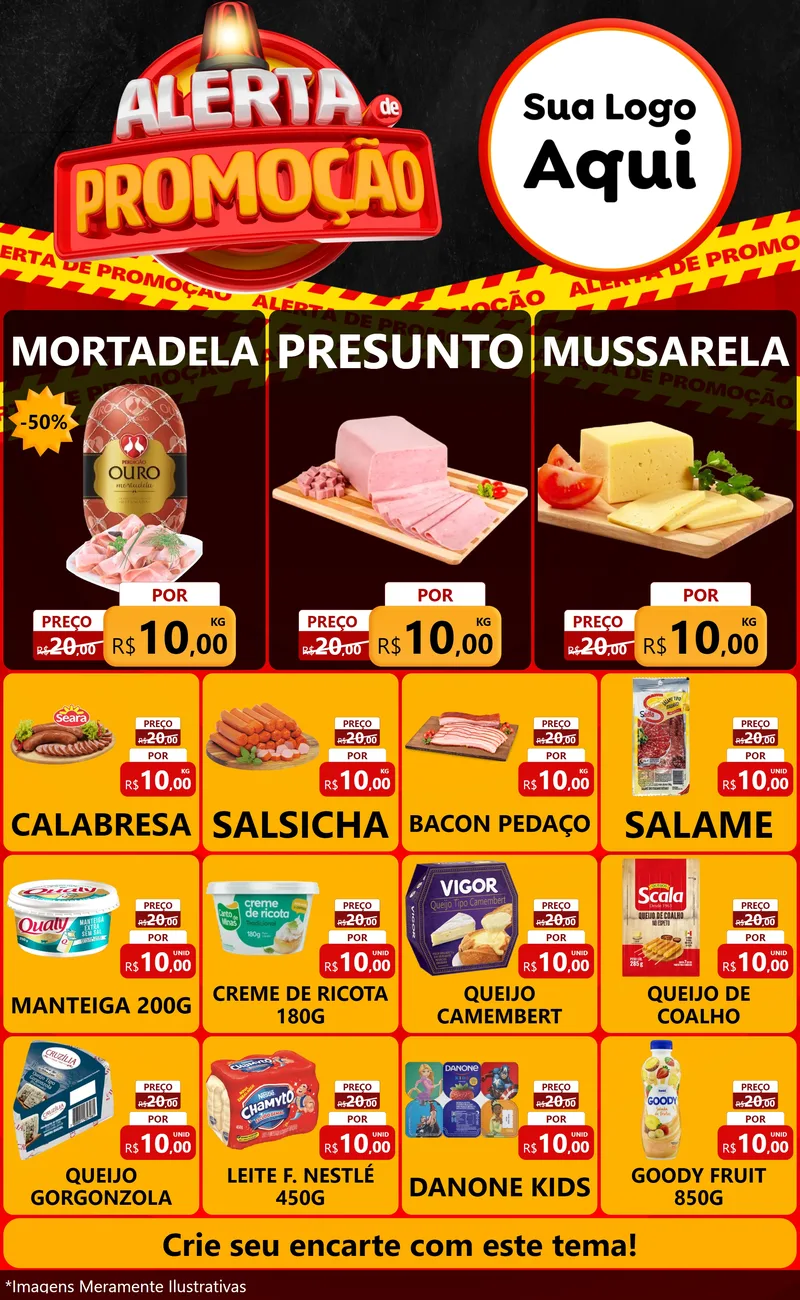 Modelo de Encarte para Encarte Grande com o tema Alerta de Promoção para Frios e Laticínios
