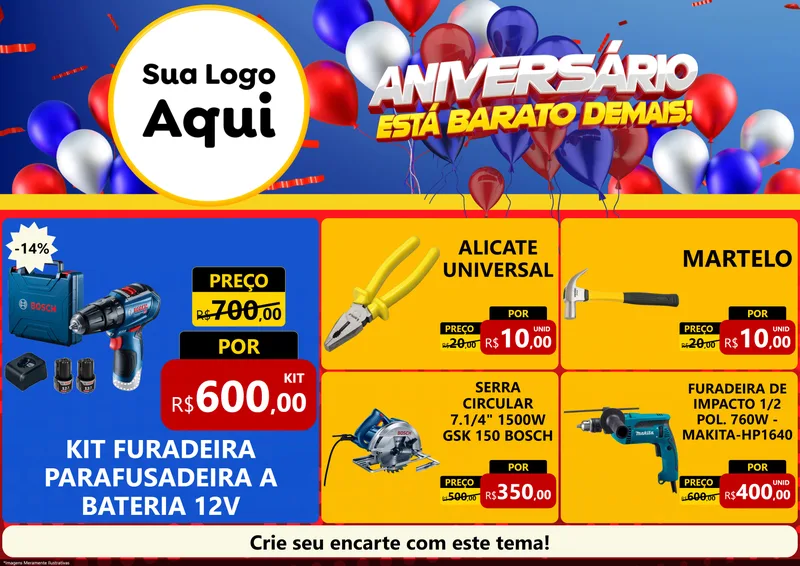 Modelo de Encarte para Encarte A4 Horizontal com o tema Aniversário para Maquinas e Ferramentas