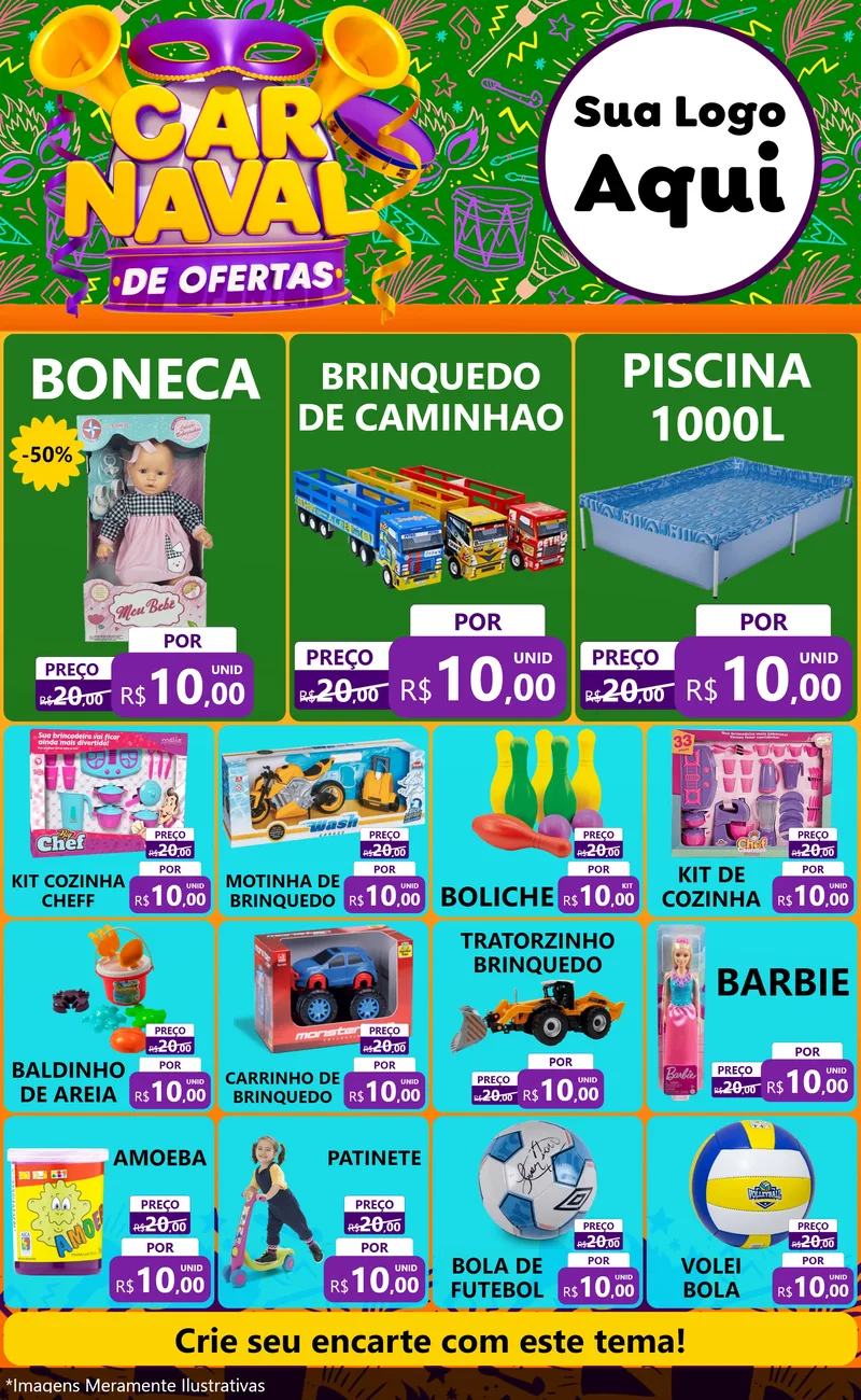 Modelo de Encarte para Encarte Grande com o tema Carnaval de Ofertas para Brinquedos