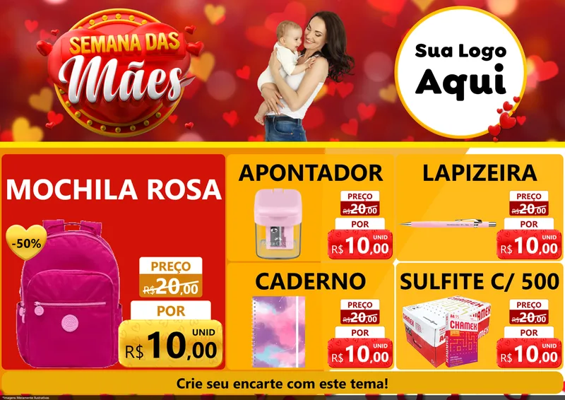 Modelo de Encarte para Encarte A4 Horizontal com o tema Semana das Mães para Papelaria