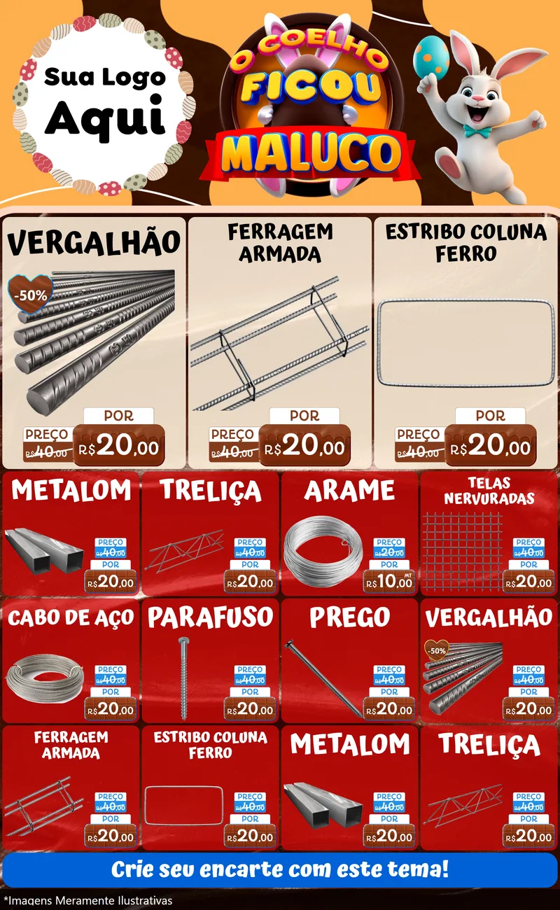 Modelo de Encarte para Encarte Grande com o tema O Coelho Ficou Maluco - Páscoa para Ferragens