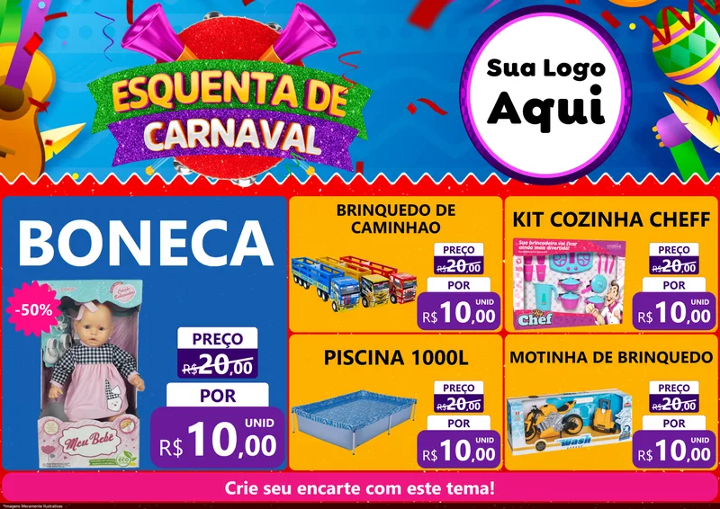 Modelo de Encarte para Encarte A4 Horizontal com o tema Esquenta de Carnaval para Brinquedos