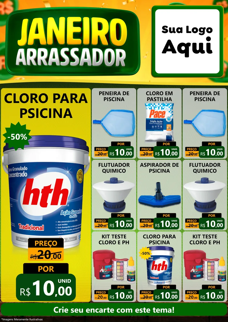 Modelo de Encarte para Encarte A4 Vertical com o tema Janeiro Arrasador para Produtos para Piscina