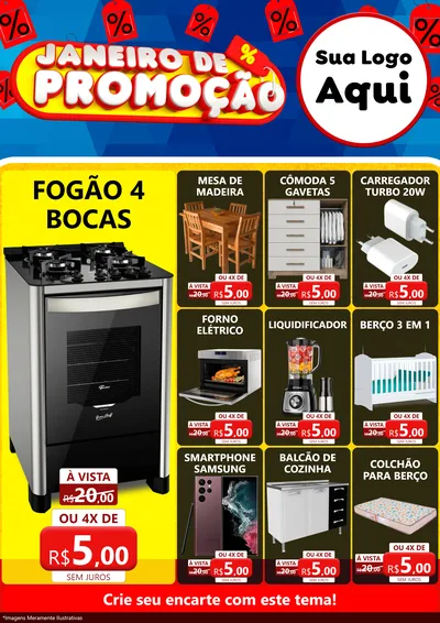 Modelo de Encarte para Encarte A4 Vertical com o tema Janeiro de Promoção para Móveis e Eletro