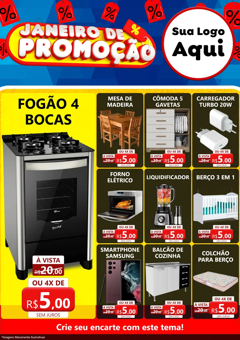 Modelo de Encarte para Encarte A4 Vertical com o tema Janeiro de Promoção para Móveis e Eletro