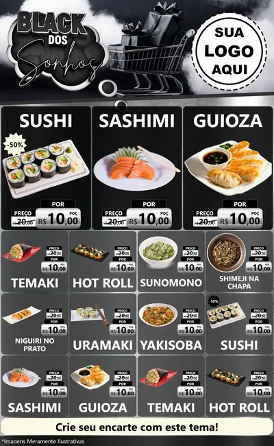 Modelo de Encarte para Encarte Grande com o tema Black dos Sonhos para Comida japonesa