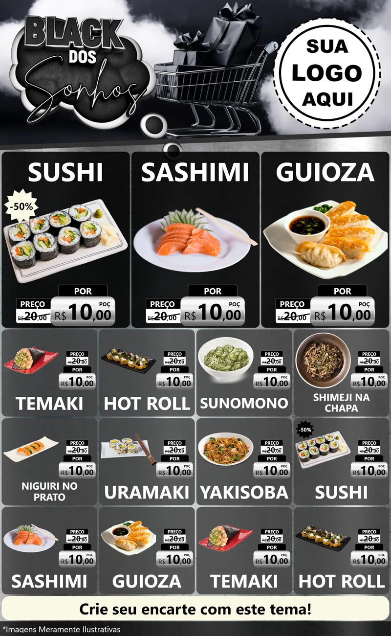 Modelo de Encarte para Encarte Grande com o tema Black dos Sonhos para Comida japonesa