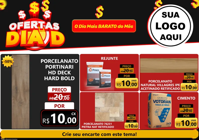 Modelo de Encarte para Encarte A4 Horizontal com o tema Ofertas Dia D para Pisos e revestimentos