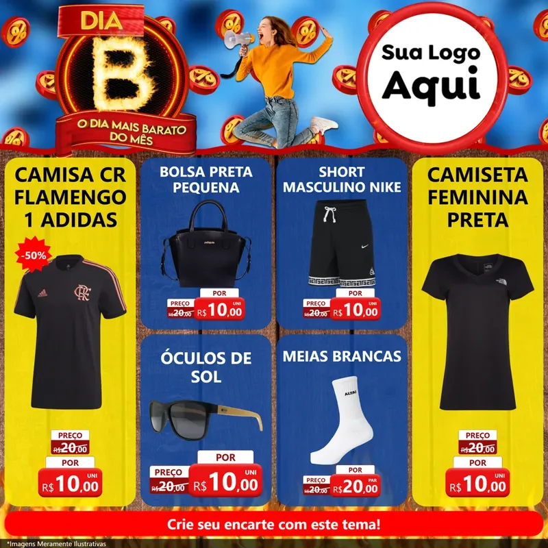 Modelo de Rede Social para Feed Facebook com o tema Dia B - O Dia Mais Barato Do Mês para Roupas e acessórios