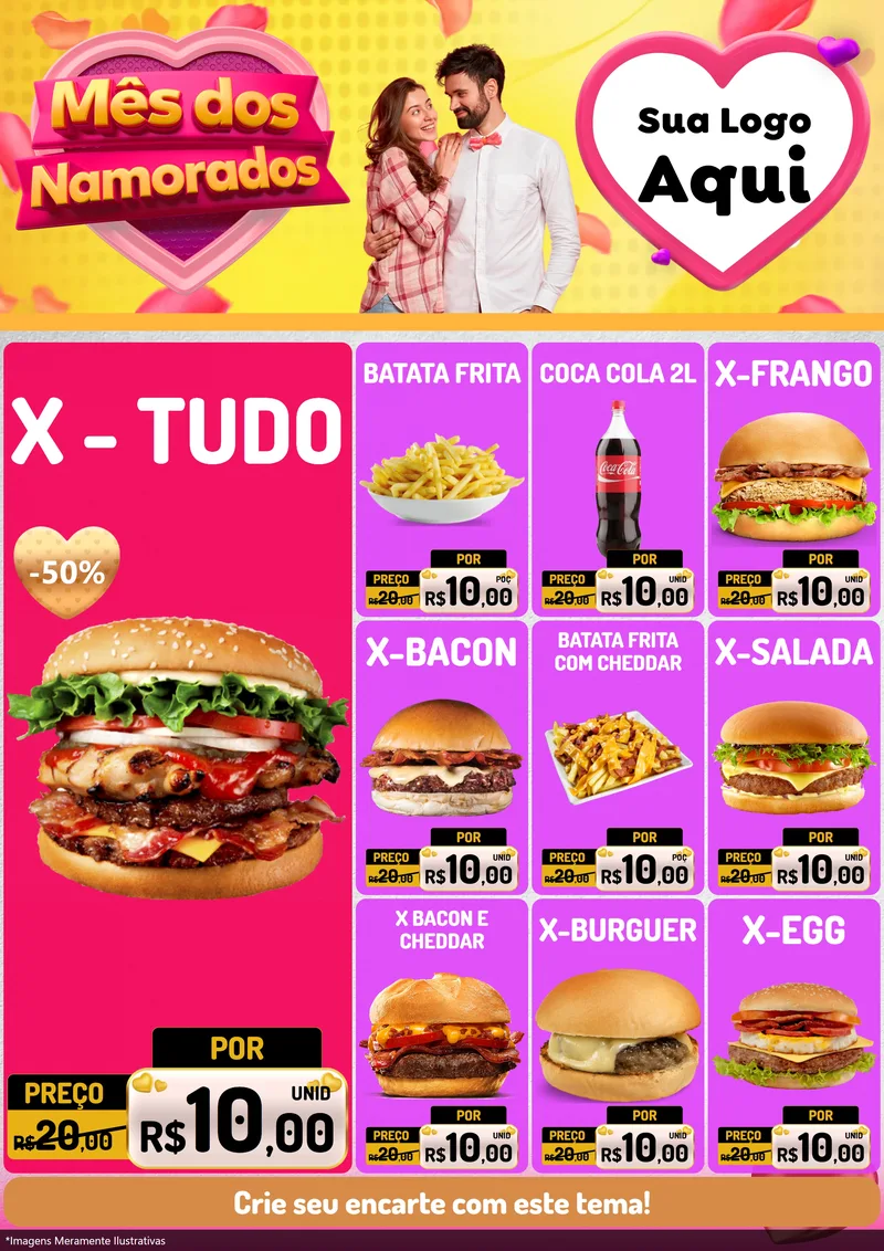 Modelo de Encarte para Encarte A4 Vertical com o tema Mês dos Namorados para Hamburgueria