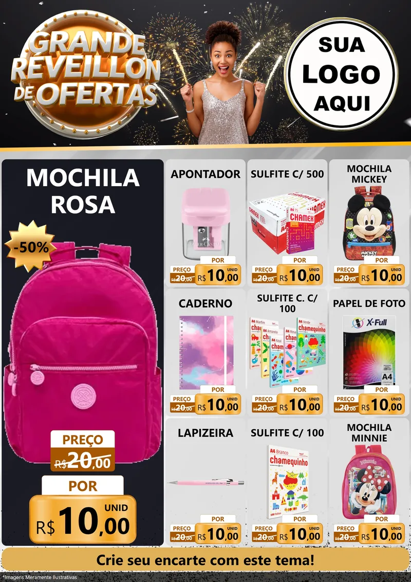 Modelo de Encarte para Encarte A4 Vertical com o tema Grande Réveillon de Ofertas para Papelaria