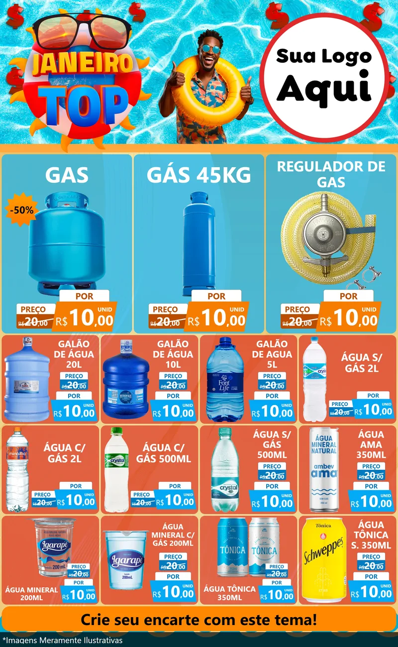 Modelo de Encarte para Encarte Grande com o tema Janeiro Top para Água e gás