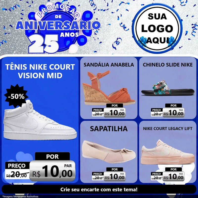 Modelo de Rede Social para Feed Facebook com o tema Promoção de Aniversário - 25 Anos para Calçados