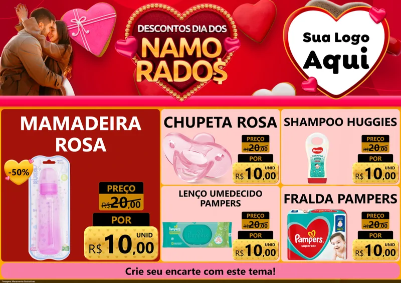 Modelo de Encarte para Encarte A4 Horizontal com o tema Descontos Dia dos Namorados para Bebês