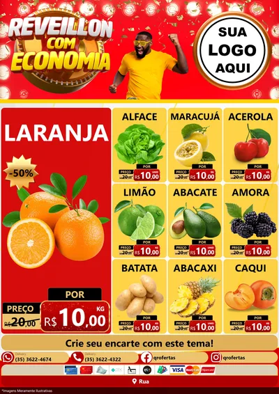 Modelo de Encarte para Encarte A4 Vertical com o tema Réveillon com Economia para Hortifrúti