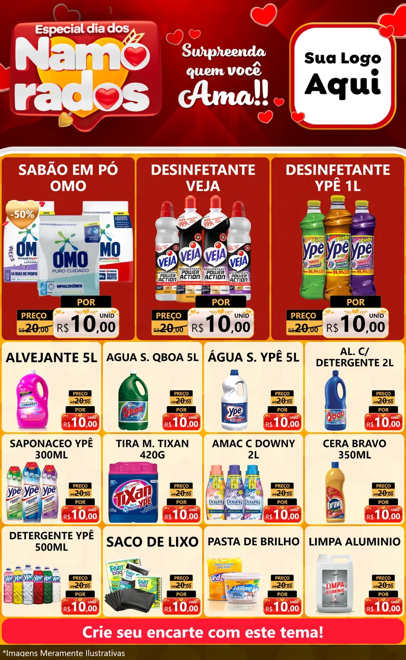Modelo de Encarte para Encarte Grande com o tema Especial Dia dos Namorados para Produtos de Limpeza