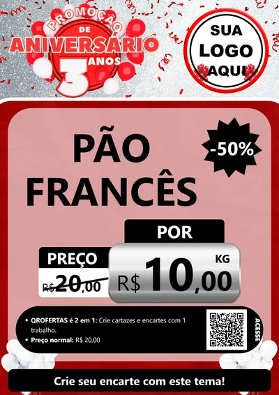 Modelo de Cartaz para Cartaz A4 Vertical com o tema Promoção de Aniversário - 3 Anos para Padaria