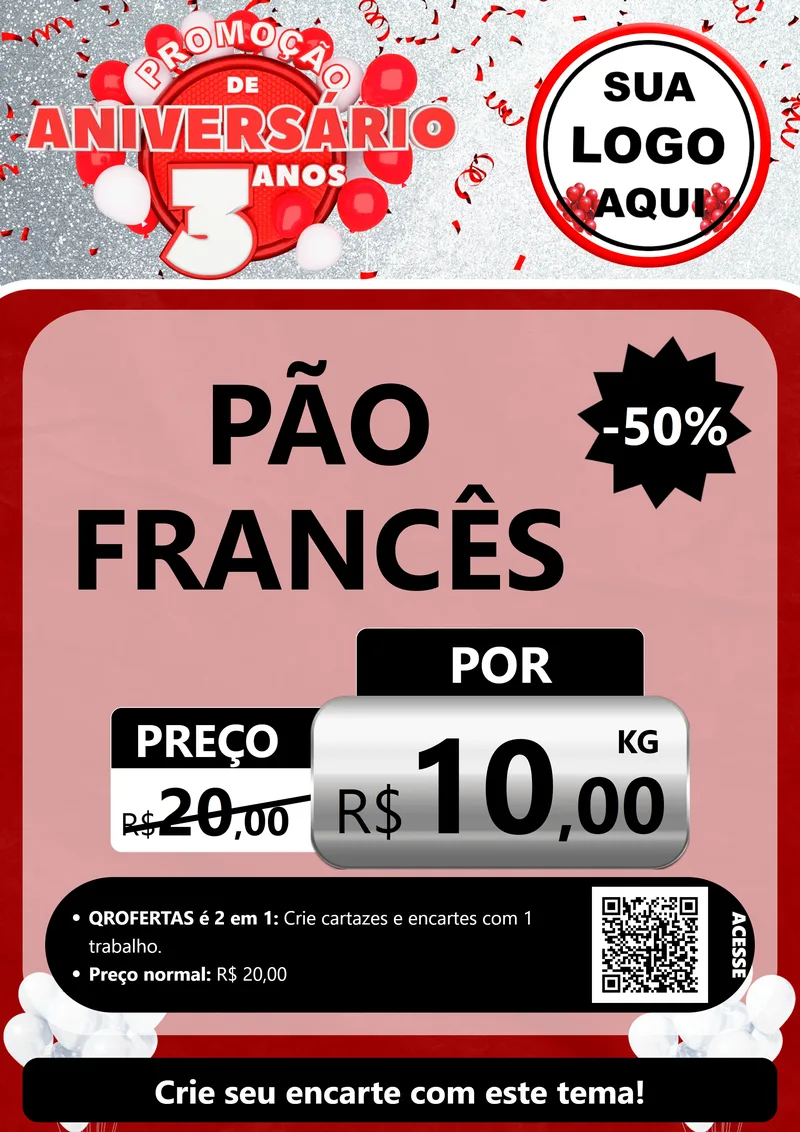 Modelo de Cartaz para Cartaz A4 Vertical com o tema Promoção de Aniversário - 3 Anos para Padaria