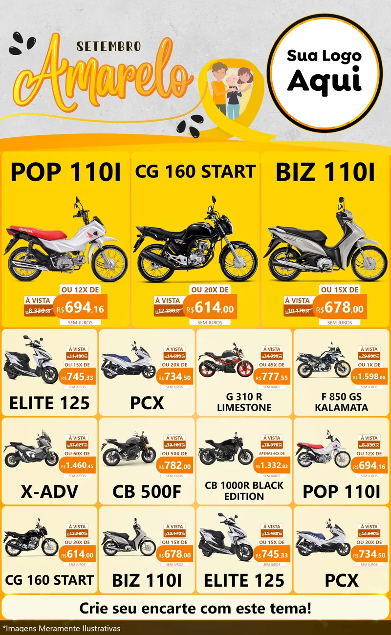 Modelo de Encarte para Encarte Grande com o tema Setembro Amarelo para Concessionaria de Motos
