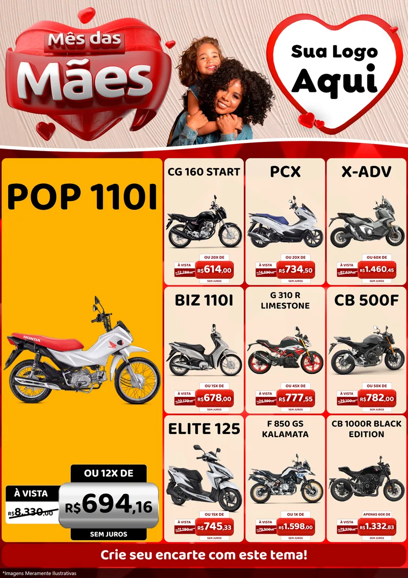 Modelo de Encarte para Encarte A4 Vertical com o tema Mês das Mães para Concessionaria de Motos