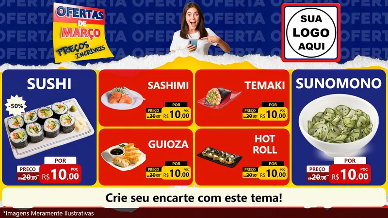 Modelo de TV para TV Horizontal com o tema Ofertas de Março - Preços Incríveis para Comida japonesa