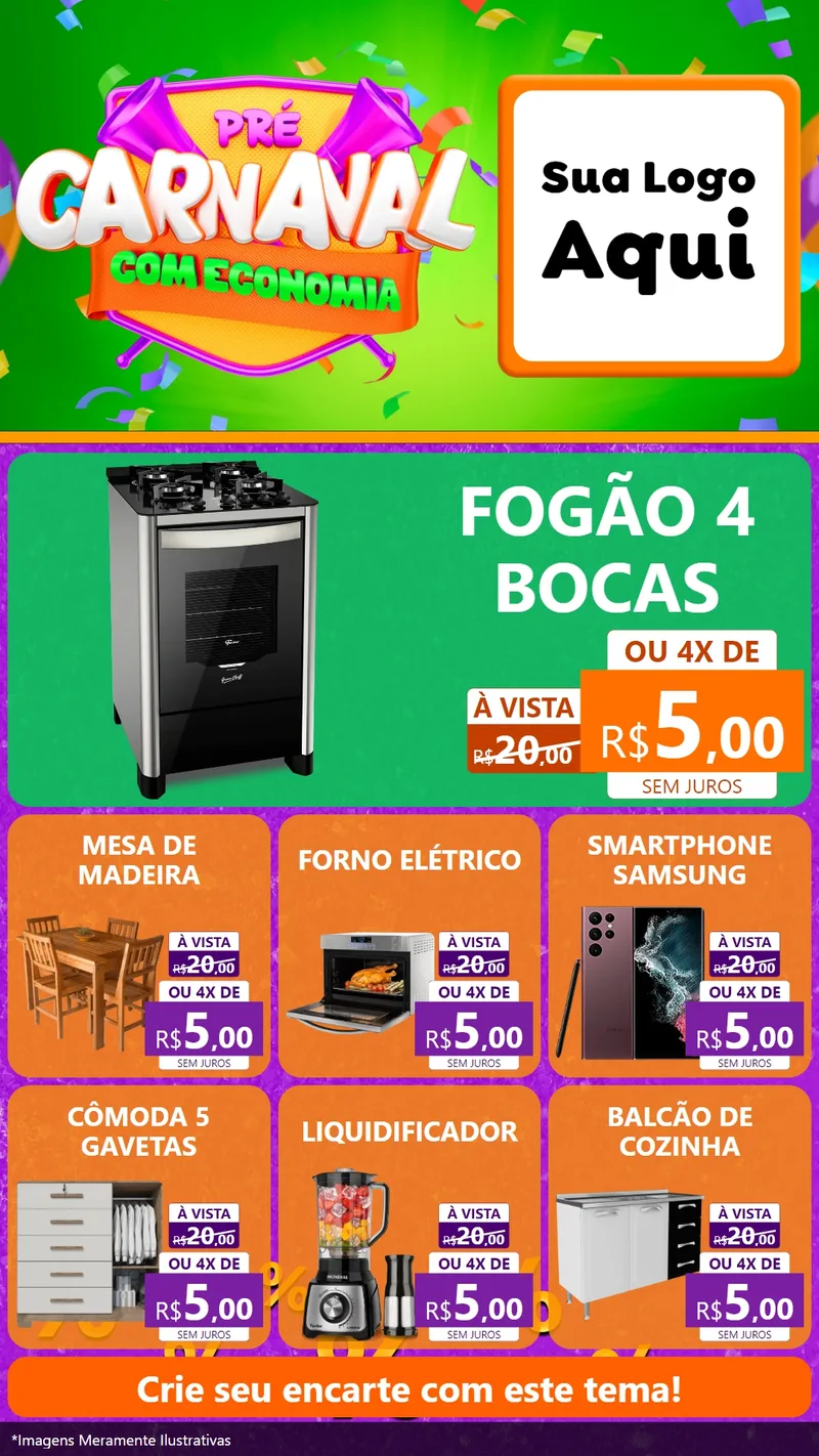 Modelo de Rede Social para Stories com o tema Pré-Carnaval Com Economia para Móveis e Eletro