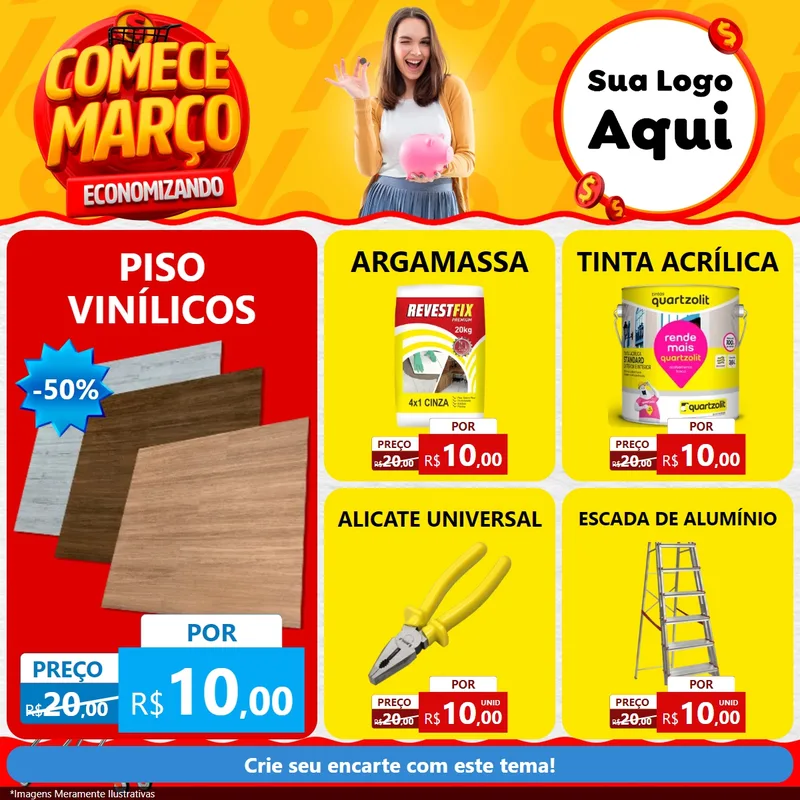 Modelo de Rede Social para Feed Facebook com o tema Comece Março Economizando para Material para Construção