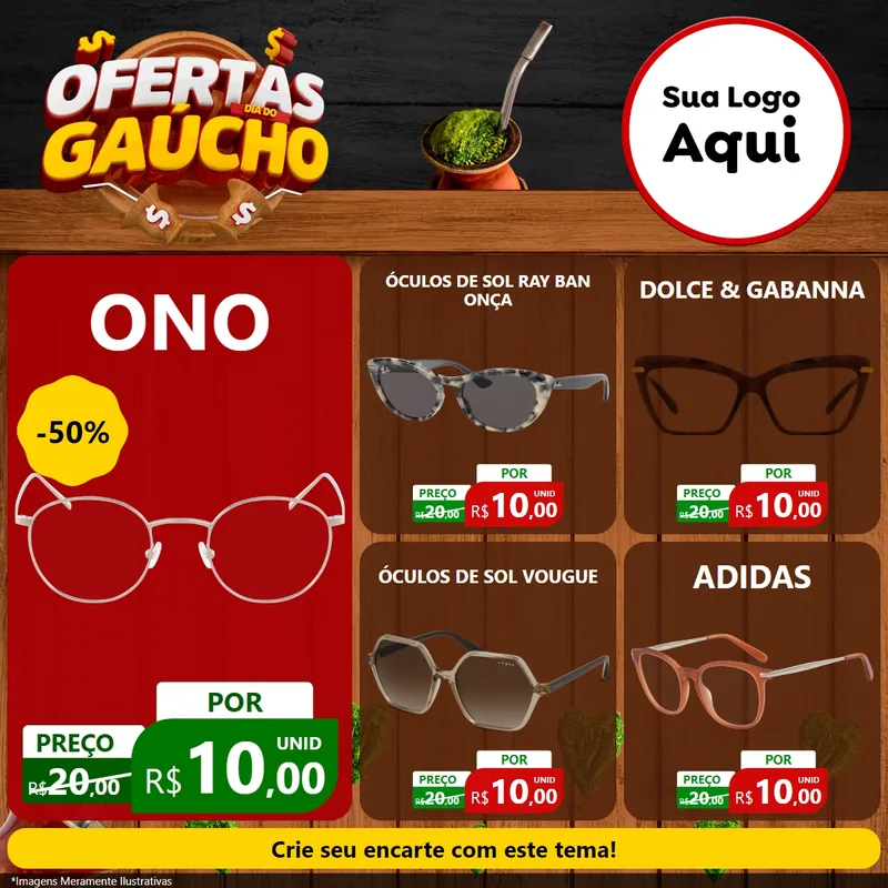Modelo de Rede Social para Feed Facebook com o tema Ofertas Dia do Gaúcho para Óticas