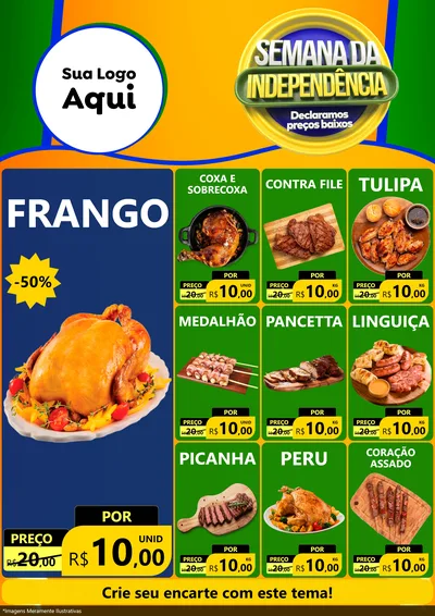Modelo de Encarte para Encarte A4 Vertical com o tema Semana da Independência Declaramos Preços Baixos para Assados