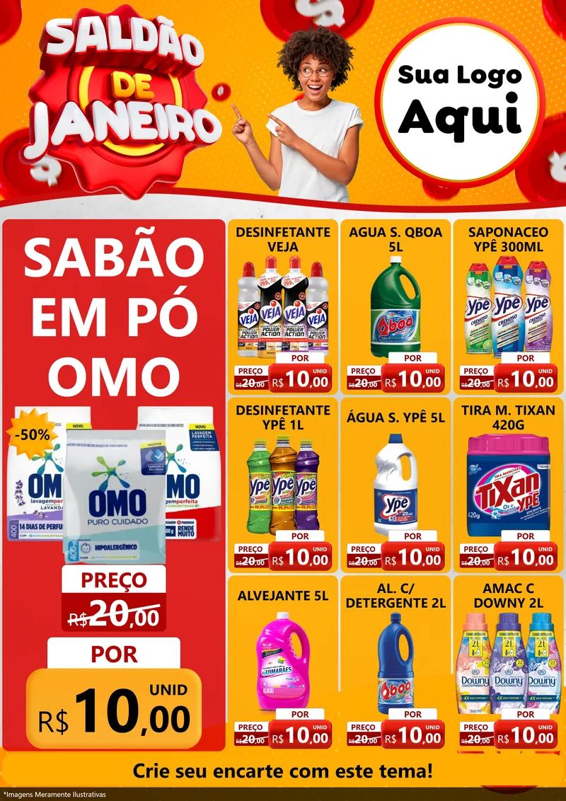 Modelo de Encarte para Encarte A4 Vertical com o tema Saldão de Janeiro para Produtos de Limpeza