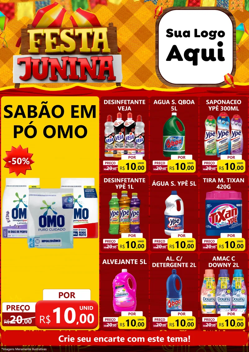Modelo de Encarte para Encarte A4 Vertical com o tema Festa Junina para Produtos de Limpeza