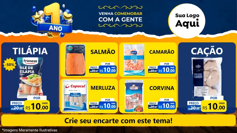 Modelo de TV para TV Horizontal com o tema Um Ano de Aniversário para Peixaria