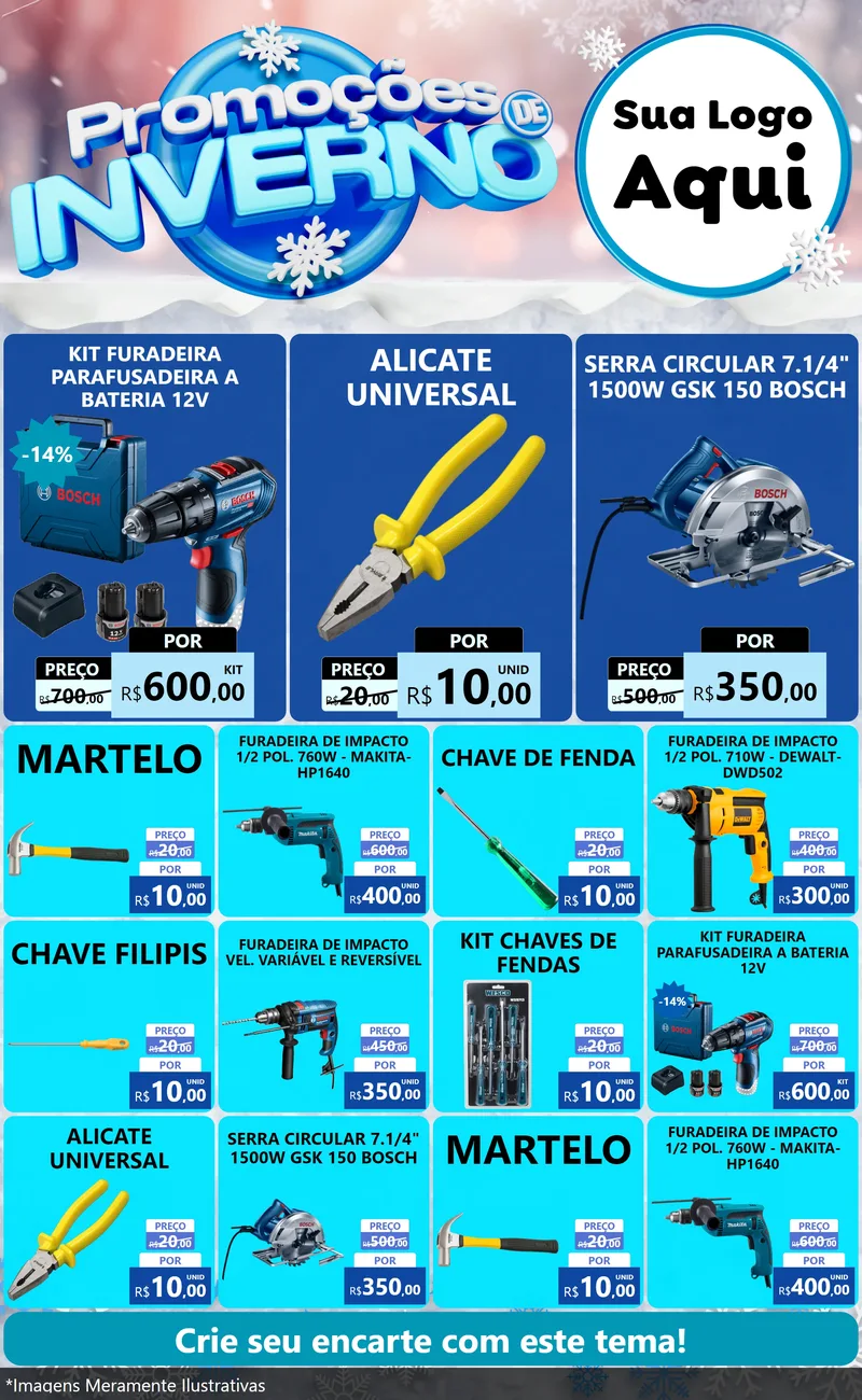 Modelo de Encarte para Encarte Grande com o tema Promoções de Inverno para Maquinas e Ferramentas