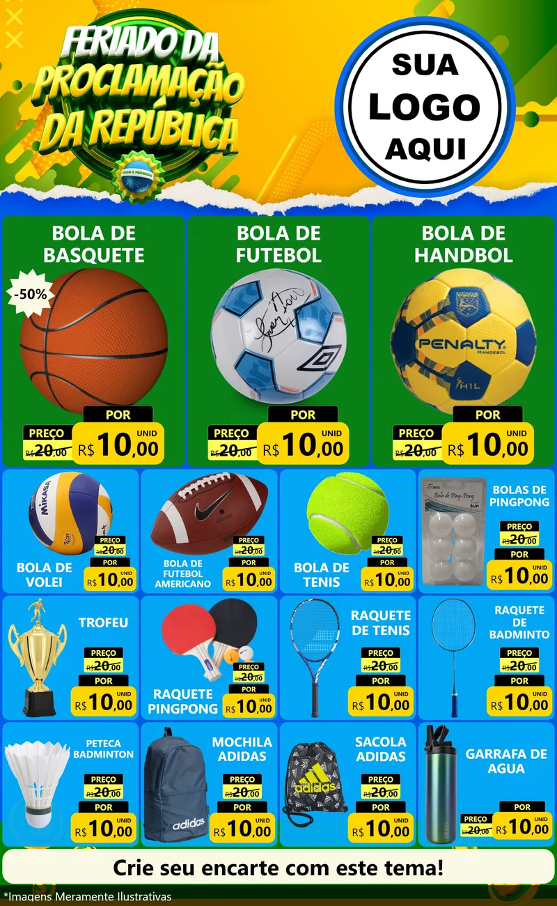 Modelo de Encarte para Encarte Grande com o tema Feriado da Proclamação da República para Artigos Esportivos