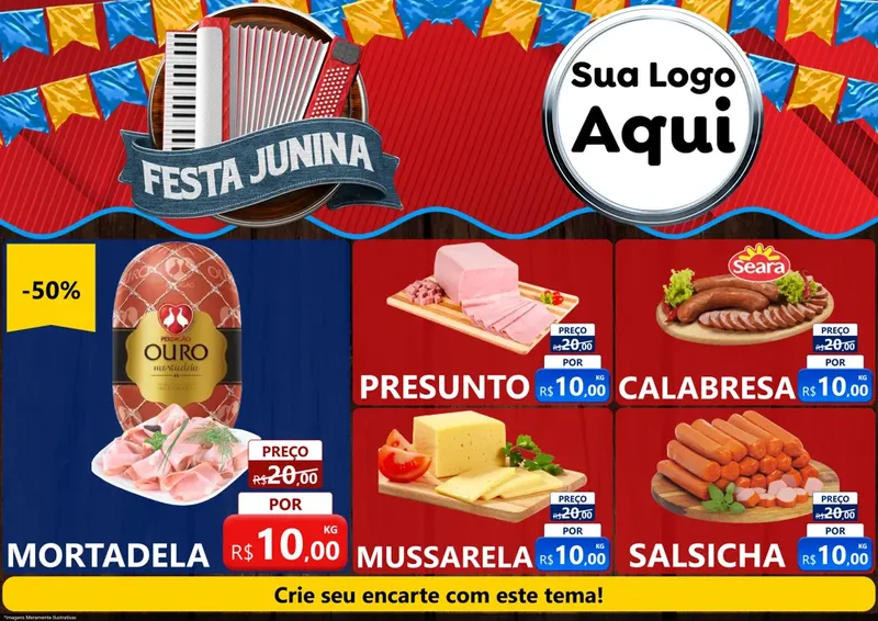 Modelo de Encarte para Encarte A4 Horizontal com o tema Festa Junina para Frios e Laticínios