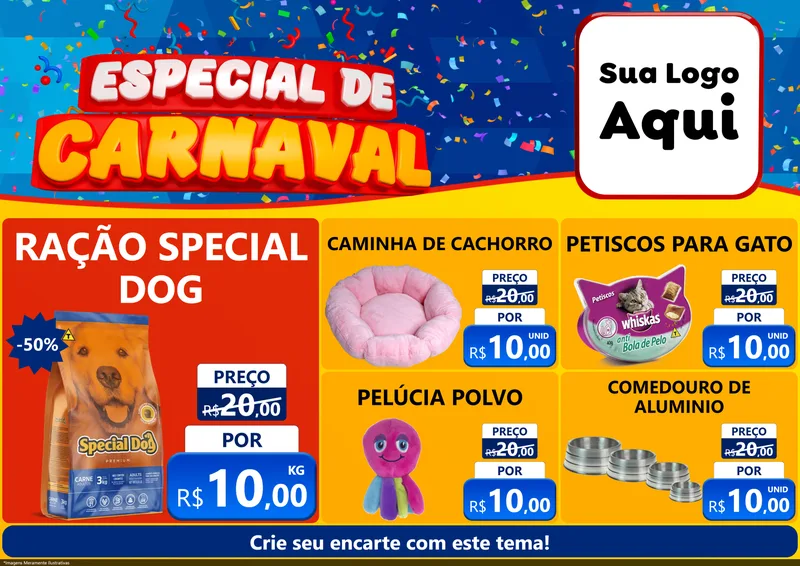 Modelo de Encarte para Encarte A4 Horizontal com o tema Especial de Carnaval para Pet Shop