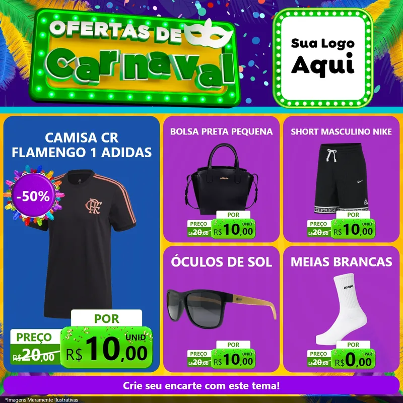 Modelo de Rede Social para Feed Facebook com o tema Ofertas de Carnaval para Roupas e acessórios