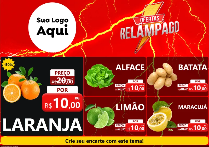 Modelo de Encarte para Encarte A4 Horizontal com o tema Ofertas Relâmpago para Hortifrúti