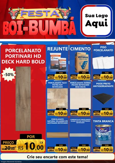 Modelo de Encarte para Encarte A4 Vertical com o tema Festa Boi Bumbá para Pisos e revestimentos